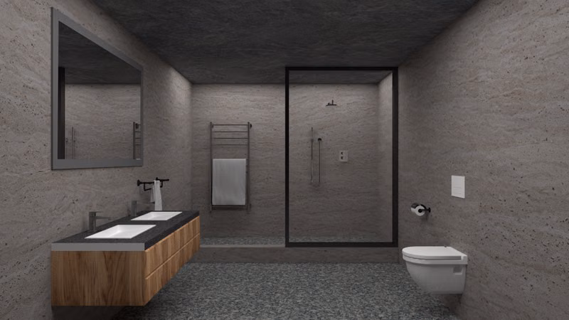 Sleek and contemporary bathroom with neutral tones and modern fixtures.